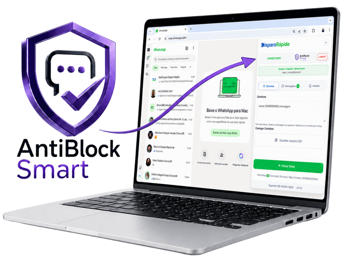 AntiBlock Smart no WhatsApp Web: painel Disparo Rápido com proteção ativa no chip